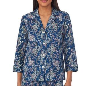 Ralph Lauren 3/4 sleeve notch collar pajama top blue white paisley button shirt